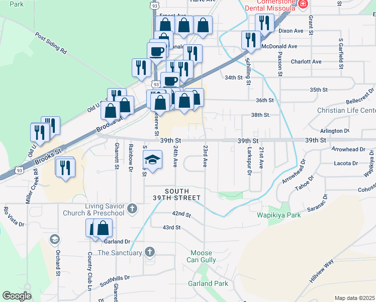 map of restaurants, bars, coffee shops, grocery stores, and more near 2324 Cloverdale Dr in Missoula