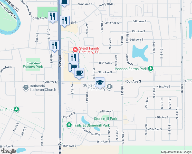 map of restaurants, bars, coffee shops, grocery stores, and more near 1131 39th Avenue South in Moorhead