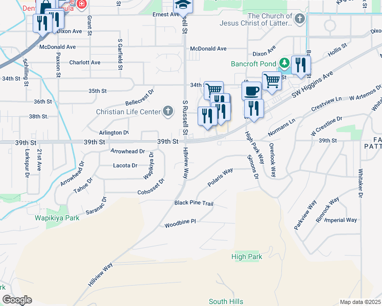 map of restaurants, bars, coffee shops, grocery stores, and more near 101 Disney Court in Missoula