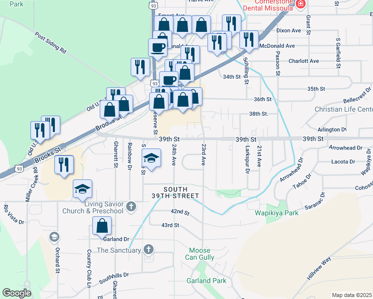map of restaurants, bars, coffee shops, grocery stores, and more near 2324 Cloverdale Dr in Missoula