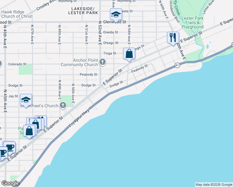 map of restaurants, bars, coffee shops, grocery stores, and more near 5214 London Road in Duluth