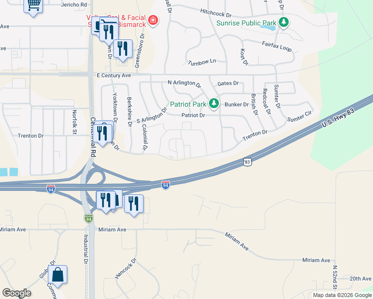 map of restaurants, bars, coffee shops, grocery stores, and more near 4403 Trenton Drive in Bismarck