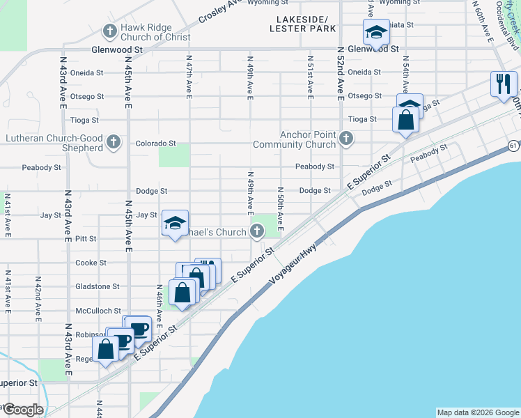 map of restaurants, bars, coffee shops, grocery stores, and more near 4931 Pitt Street in Duluth