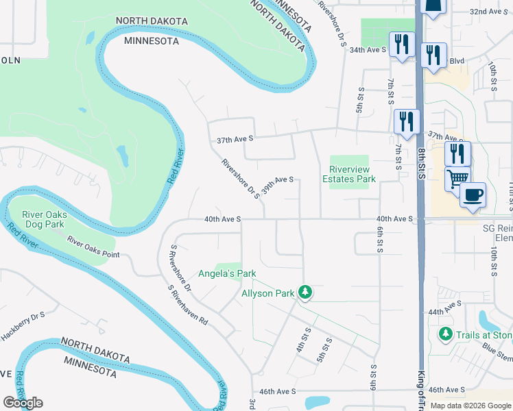 map of restaurants, bars, coffee shops, grocery stores, and more near 4000 2 Street South in Moorhead