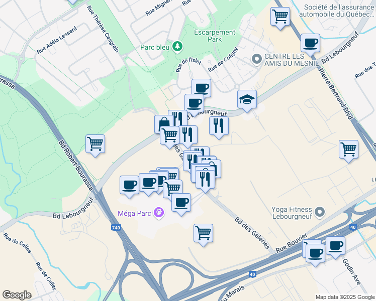 map of restaurants, bars, coffee shops, grocery stores, and more near 5500 Rue du Blizzard in Québec