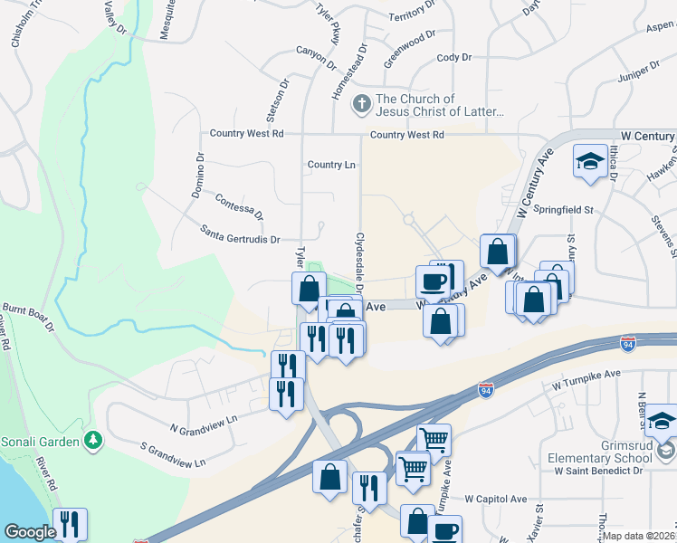 map of restaurants, bars, coffee shops, grocery stores, and more near 2353 Tyler Pkwy in Bismarck