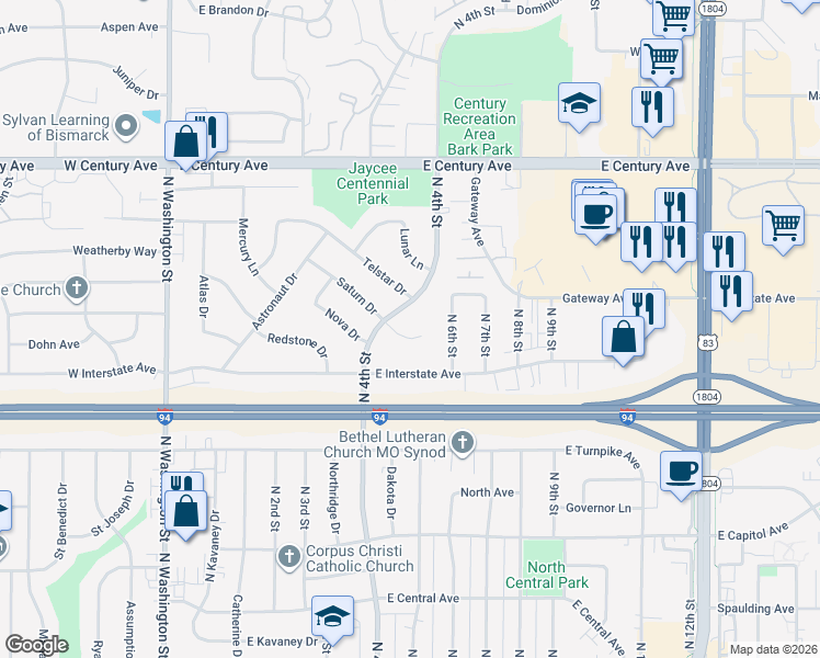 map of restaurants, bars, coffee shops, grocery stores, and more near 413 Saturn Drive in Bismarck