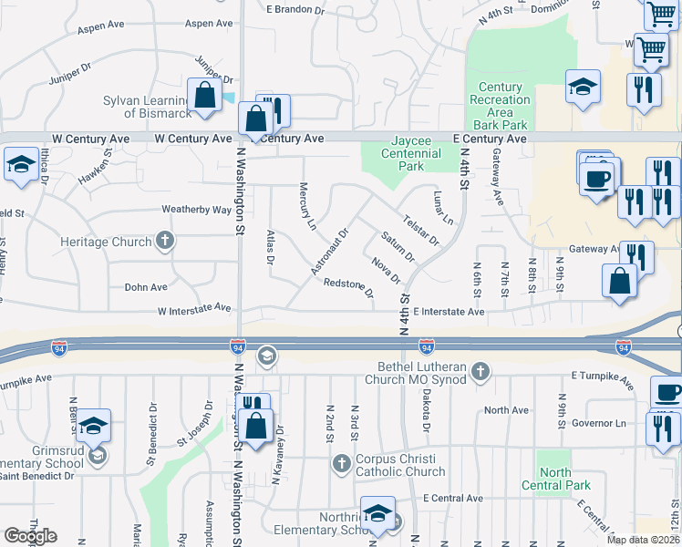 map of restaurants, bars, coffee shops, grocery stores, and more near 219 Redstone Drive in Bismarck