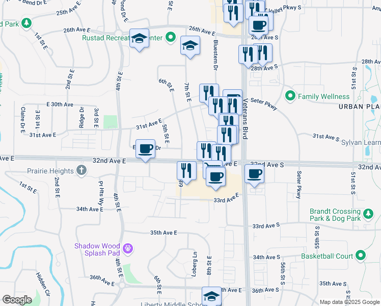 map of restaurants, bars, coffee shops, grocery stores, and more near 3178 7th Street East in West Fargo