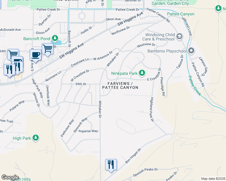 map of restaurants, bars, coffee shops, grocery stores, and more near 510 Westview Drive in Missoula