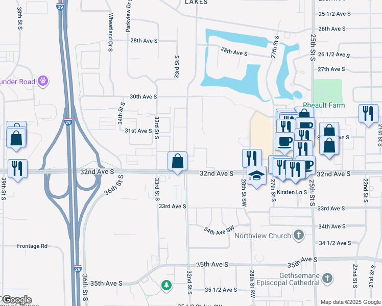 map of restaurants, bars, coffee shops, grocery stores, and more near 3137 32nd Avenue South in Fargo