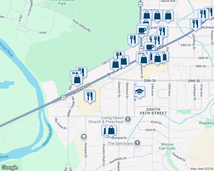 map of restaurants, bars, coffee shops, grocery stores, and more near 4118 Weeping Willow Drive in Missoula