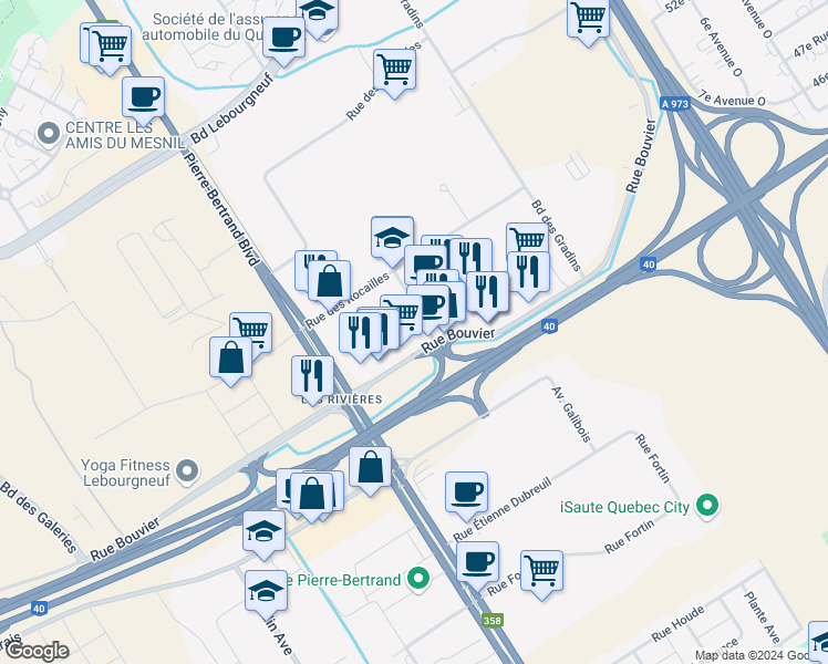 map of restaurants, bars, coffee shops, grocery stores, and more near 760 Rue Bouvier in Québec