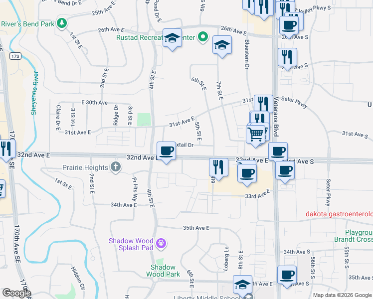 map of restaurants, bars, coffee shops, grocery stores, and more near 5852-6398 32nd Avenue East in Fargo