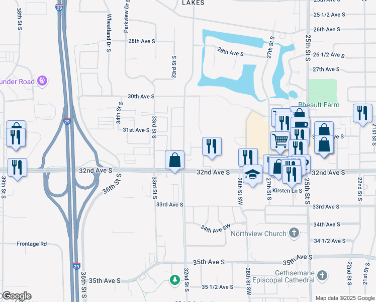 map of restaurants, bars, coffee shops, grocery stores, and more near 3130 32nd Street South in Fargo