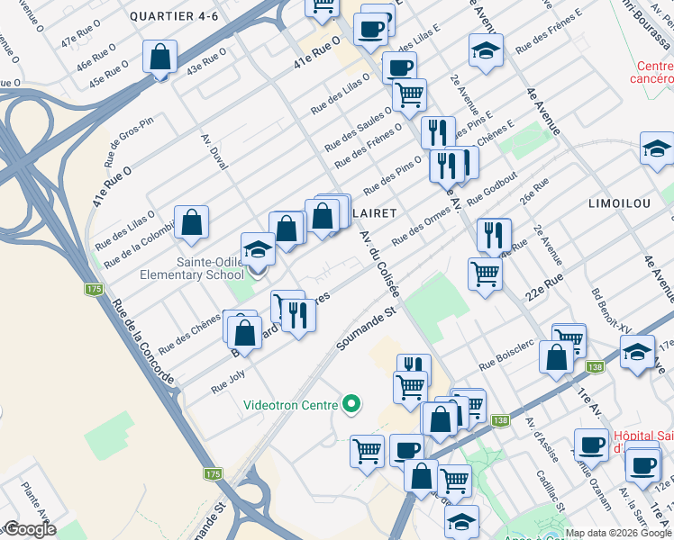 map of restaurants, bars, coffee shops, grocery stores, and more near 2620 Avenue Duval in Quebec