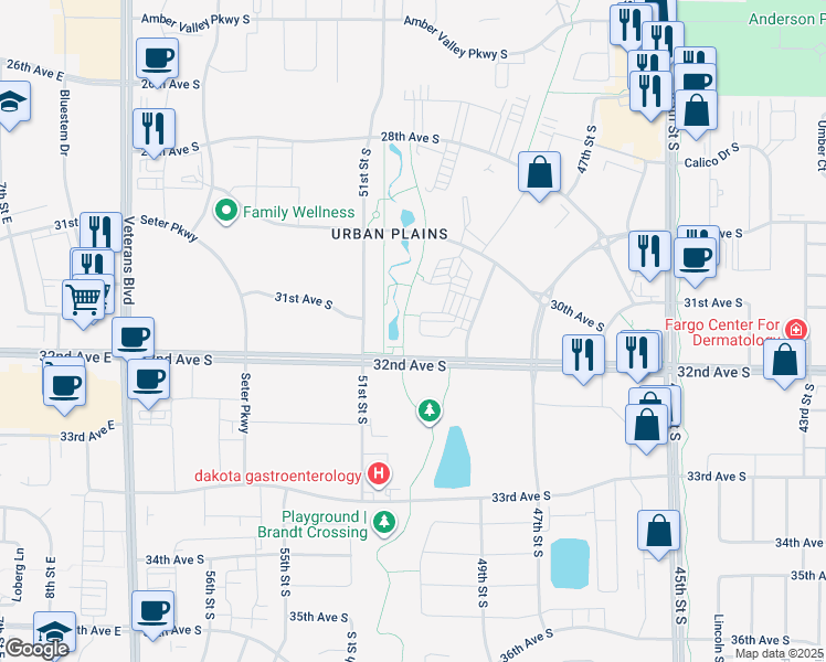 map of restaurants, bars, coffee shops, grocery stores, and more near 3195 49th Street South in Fargo