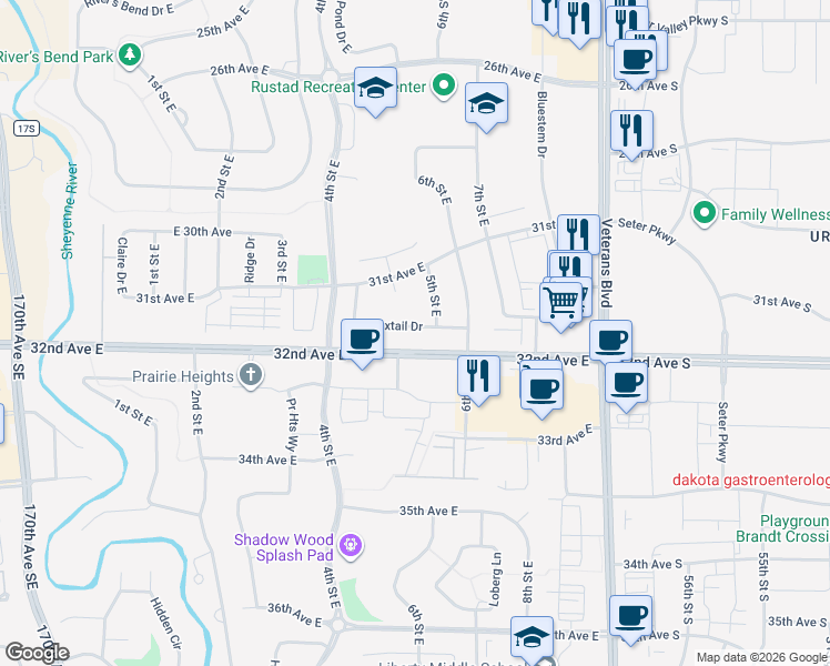 map of restaurants, bars, coffee shops, grocery stores, and more near 439 31st Avenue East in West Fargo