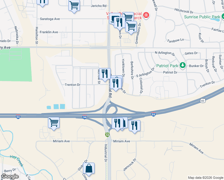 map of restaurants, bars, coffee shops, grocery stores, and more near 2520 Centennial Road in Bismarck