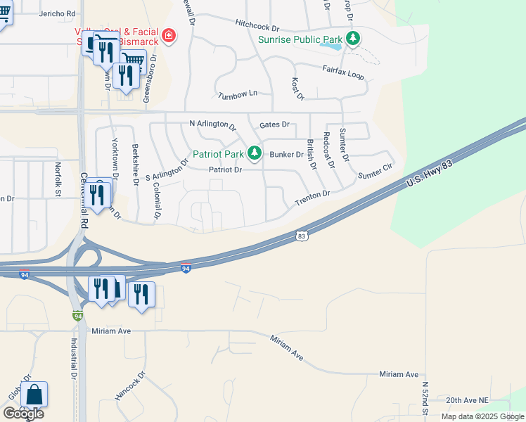 map of restaurants, bars, coffee shops, grocery stores, and more near 4552 Lafayette Drive in Bismarck