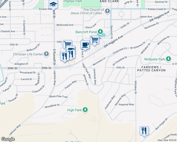 map of restaurants, bars, coffee shops, grocery stores, and more near 620 High Park Way in Missoula