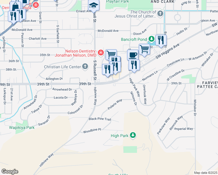 map of restaurants, bars, coffee shops, grocery stores, and more near in Missoula