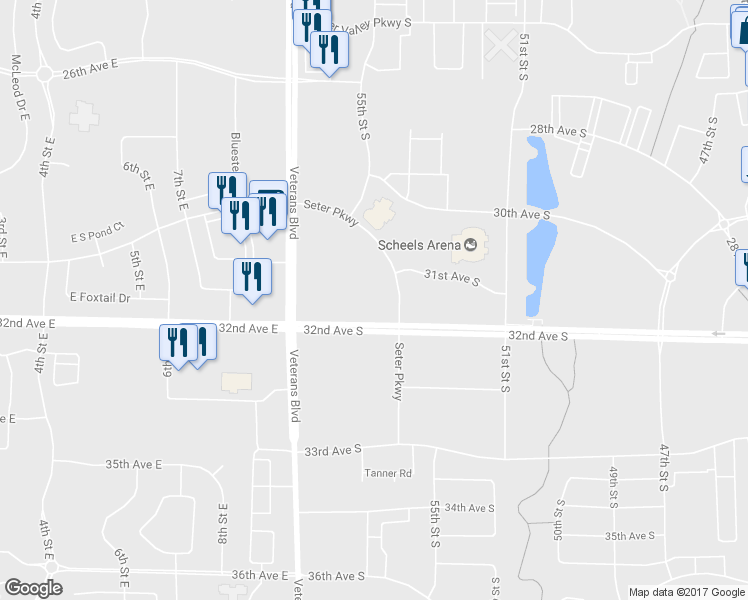 map of restaurants, bars, coffee shops, grocery stores, and more near 3037 Seter Parkway in Fargo