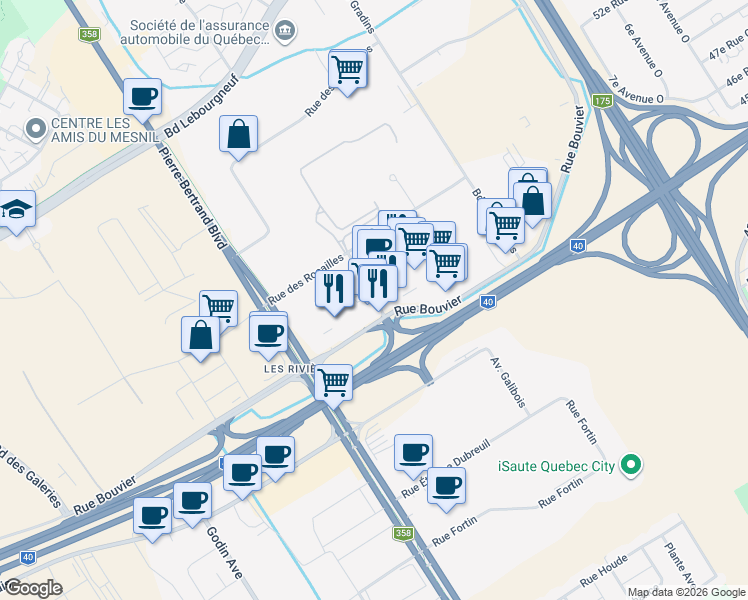 map of restaurants, bars, coffee shops, grocery stores, and more near 4715 Avenue des Replats in Quebec