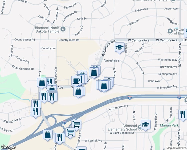 map of restaurants, bars, coffee shops, grocery stores, and more near 1129 West Century Avenue in Bismarck