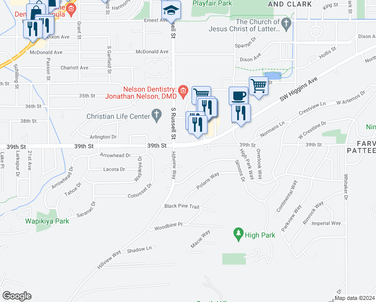 map of restaurants, bars, coffee shops, grocery stores, and more near 1203 Southwest Higgins Avenue in Missoula