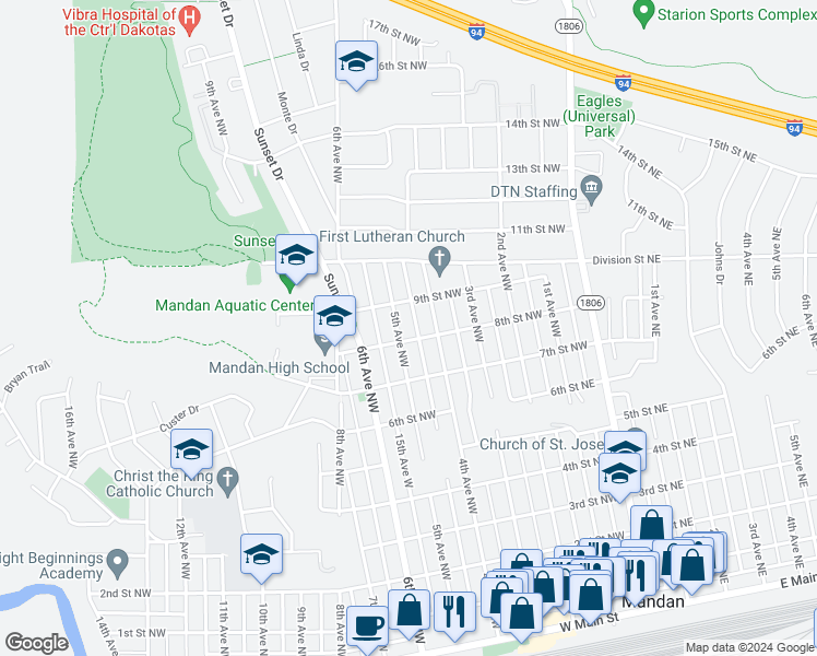 map of restaurants, bars, coffee shops, grocery stores, and more near 505 9th Street Northwest in Mandan