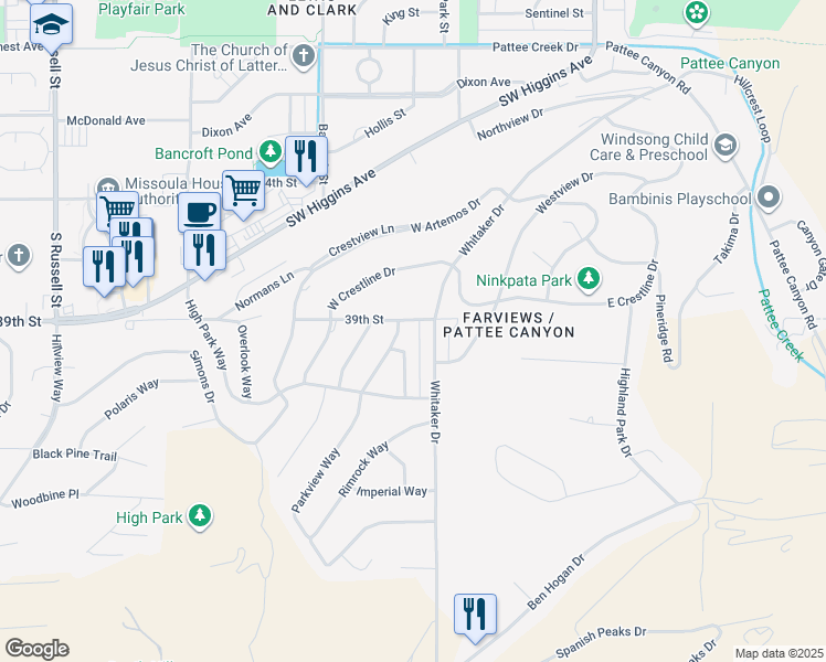map of restaurants, bars, coffee shops, grocery stores, and more near 104 39th St in Missoula