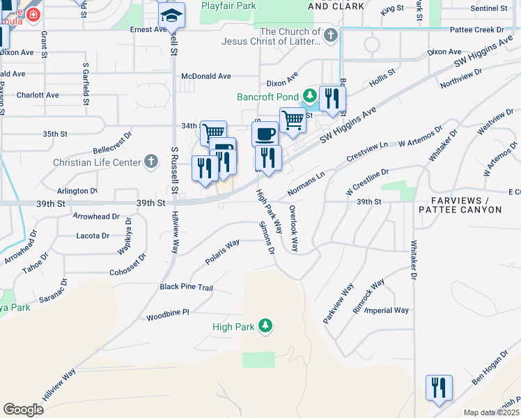 map of restaurants, bars, coffee shops, grocery stores, and more near 1001 Southwest Higgins Avenue in Missoula