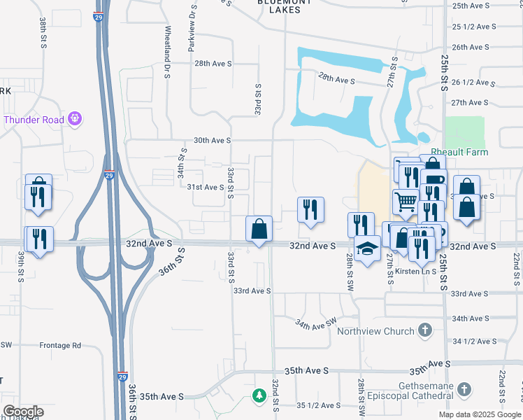 map of restaurants, bars, coffee shops, grocery stores, and more near in Fargo
