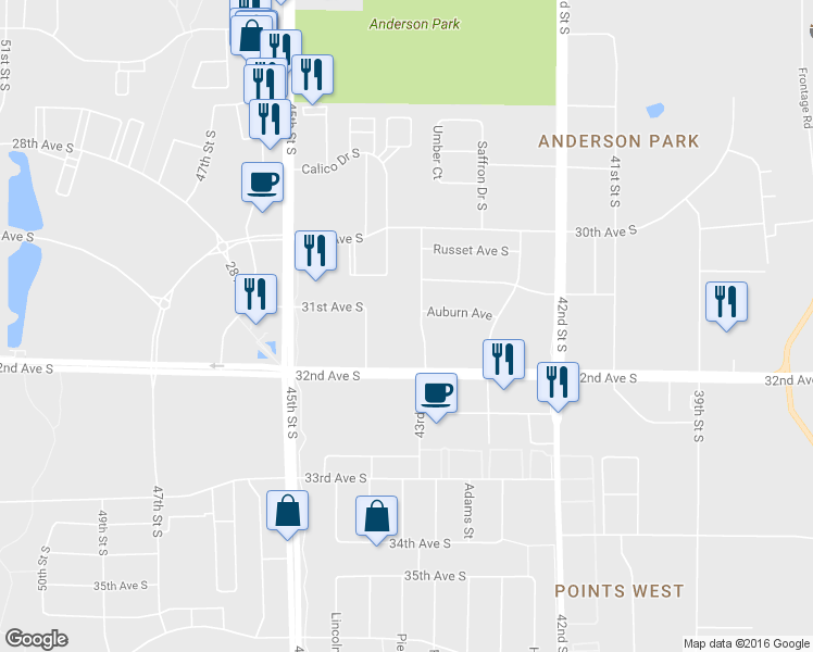 map of restaurants, bars, coffee shops, grocery stores, and more near 3120 44th Street South in Fargo