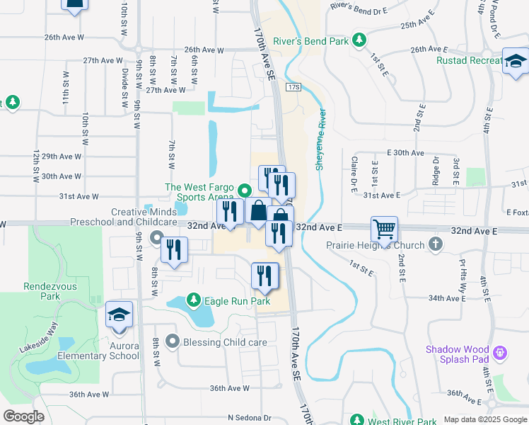 map of restaurants, bars, coffee shops, grocery stores, and more near 300 32nd Avenue West in West Fargo