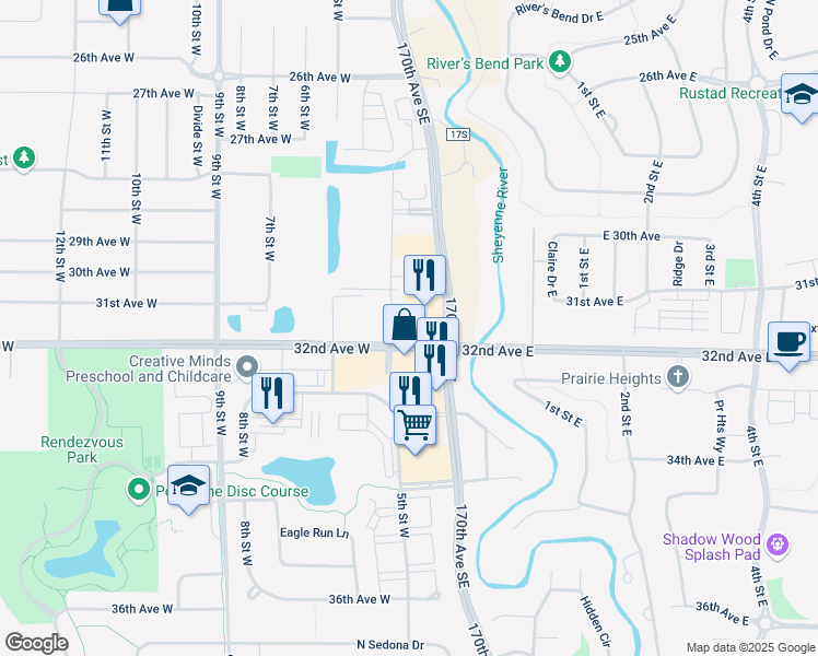 map of restaurants, bars, coffee shops, grocery stores, and more near 300 32nd Avenue West in West Fargo