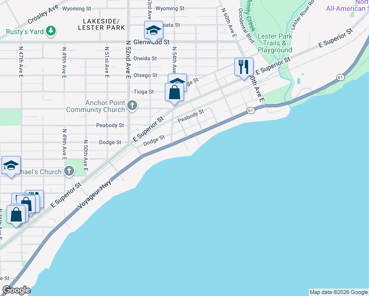 map of restaurants, bars, coffee shops, grocery stores, and more near 5418 London Road in Duluth
