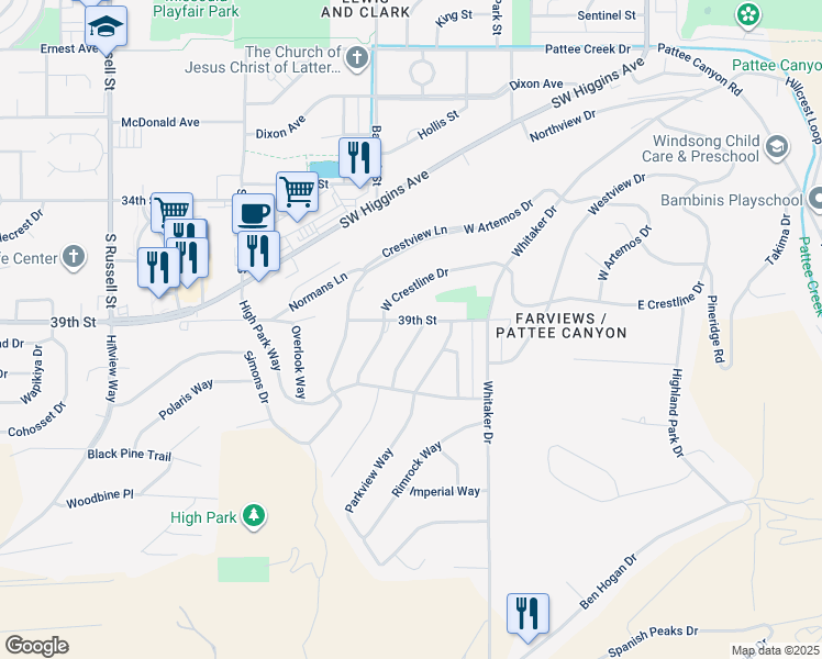 map of restaurants, bars, coffee shops, grocery stores, and more near 601 Continental Way in Missoula