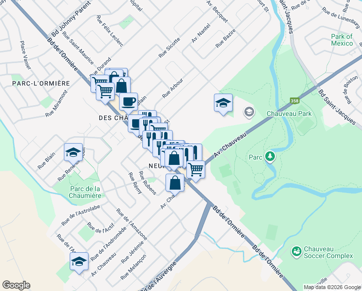 map of restaurants, bars, coffee shops, grocery stores, and more near Rue Fauvet in Ville de Québec