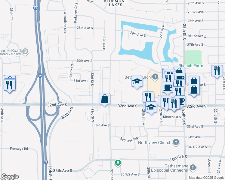 map of restaurants, bars, coffee shops, grocery stores, and more near 3120 32nd Street South in Fargo