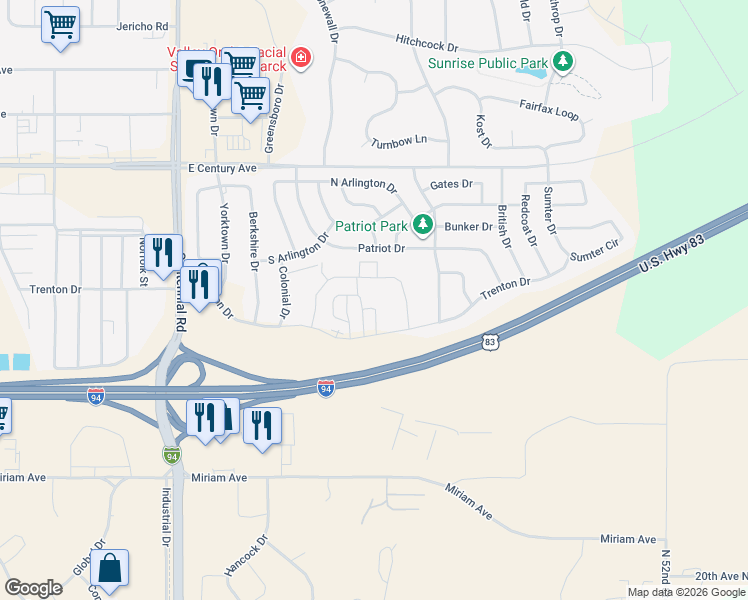 map of restaurants, bars, coffee shops, grocery stores, and more near 4213 Cumberland Loop in Bismarck