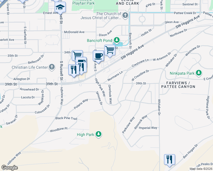 map of restaurants, bars, coffee shops, grocery stores, and more near 620 High Park Way in Missoula