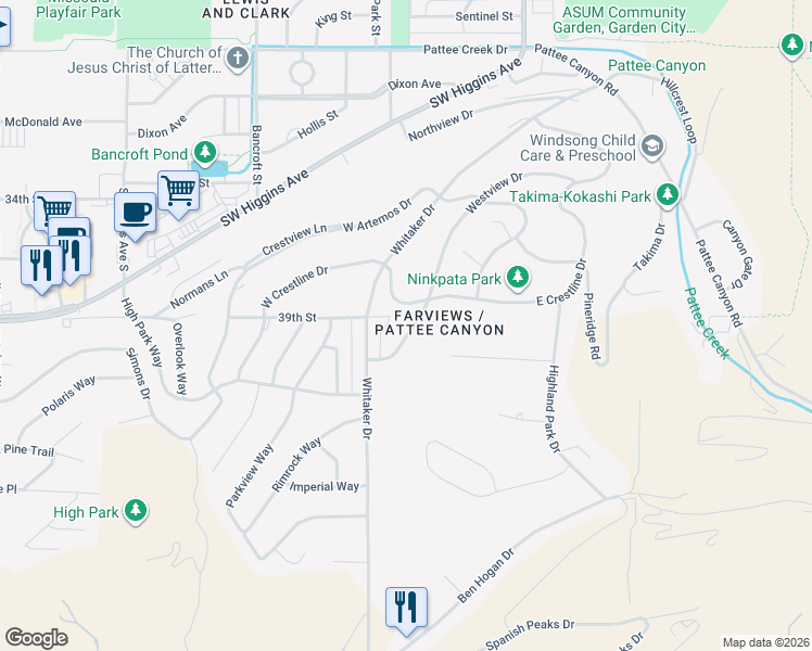 map of restaurants, bars, coffee shops, grocery stores, and more near 400 East Crestline Drive in Missoula