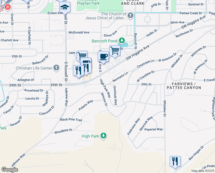 map of restaurants, bars, coffee shops, grocery stores, and more near 620 High Park Way in Missoula