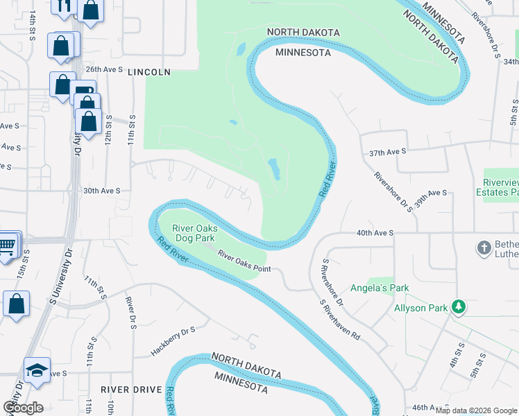 map of restaurants, bars, coffee shops, grocery stores, and more near 515 Southwood Drive in Fargo