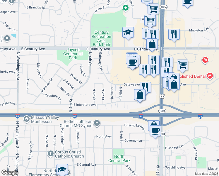 map of restaurants, bars, coffee shops, grocery stores, and more near 2520 North 8th Street in Bismarck