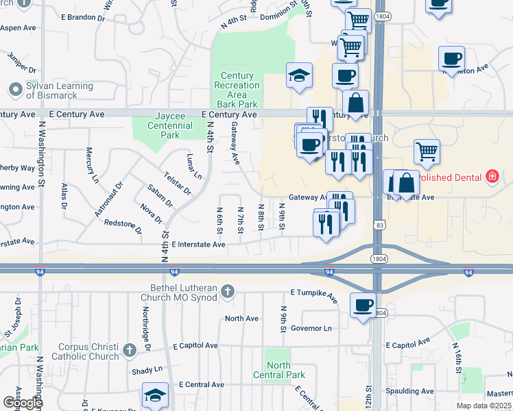 map of restaurants, bars, coffee shops, grocery stores, and more near 2520 North 8th Street in Bismarck