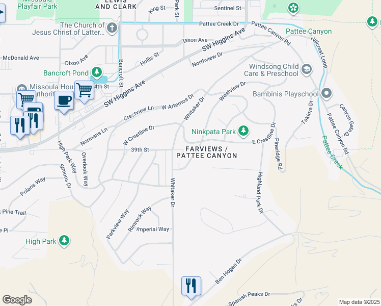 map of restaurants, bars, coffee shops, grocery stores, and more near 400 East Crestline Drive in Missoula