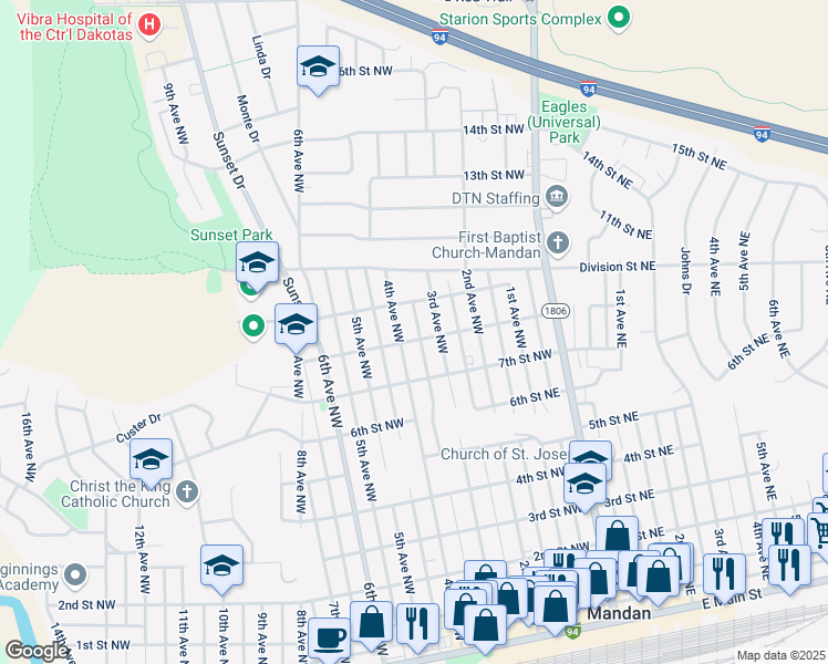 map of restaurants, bars, coffee shops, grocery stores, and more near in Mandan